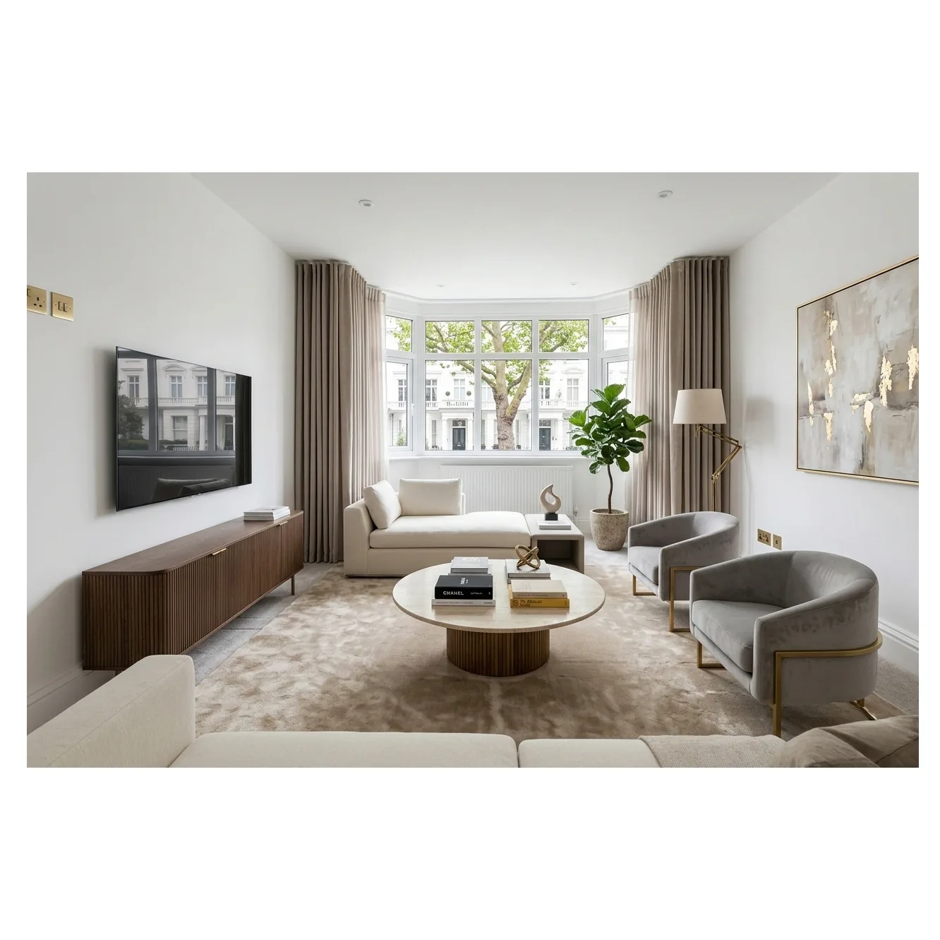 Elegant, Sunlit Living Room With A Large Bay Window, Neutral Curved Armchairs, A Wooden Media Console, And A Plush Rug.